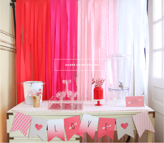 A pretty drink station with ombre backdrop at my Valentine's party // www.pencilshavingsstudio.com