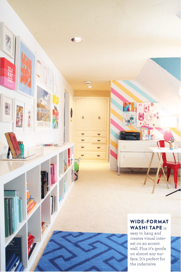 Wide format washi tape on the wall in this colorful playroom and shared home office of blogger/designer Rachel Shingleton @psstudio www.pencilshavingsstudio.com