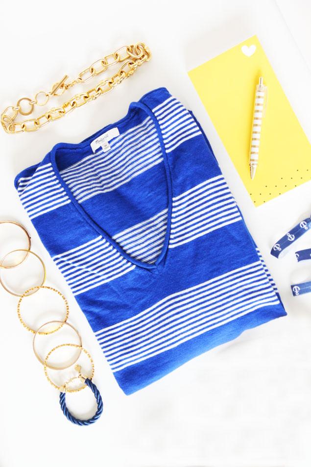 Madewell striped sweater with gold bangles and nautical accessories - www.pencilshavingsstudio.com