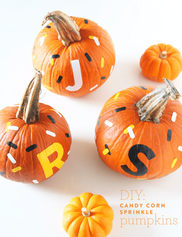 DIY Candy Corn Sprinkle Pumpkins with Monograms - www.pencilshavingsstudio.com #halloween
