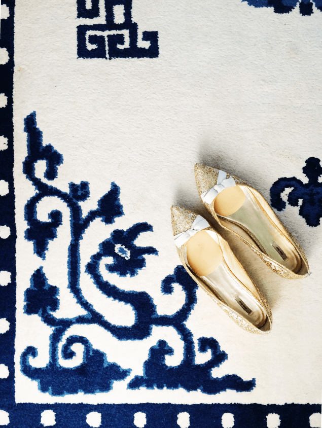Gold sequin Miu Miu pointy toe flats on chinoiserie carpet - www.pencilshavingsstudio.com