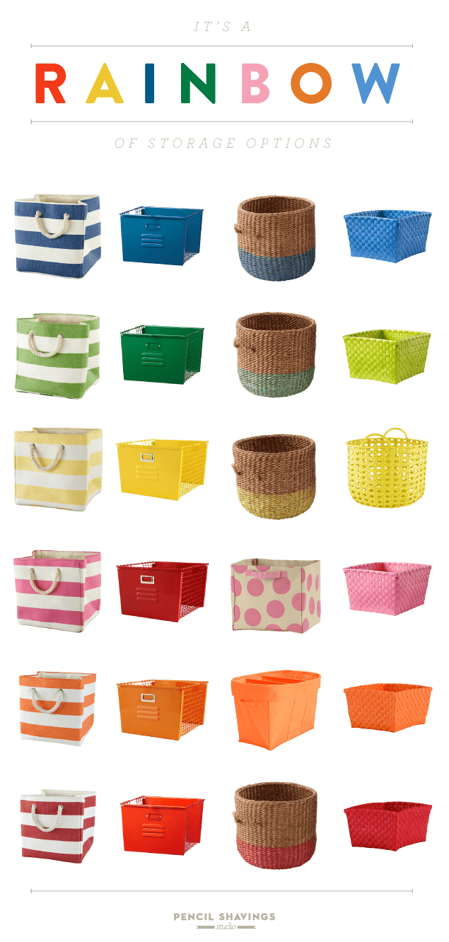 A rainbow of colorful storage options for the nursery, playroom, and kids' bedrooms with The Land of Nod - www.pencilshavingsstudio.com