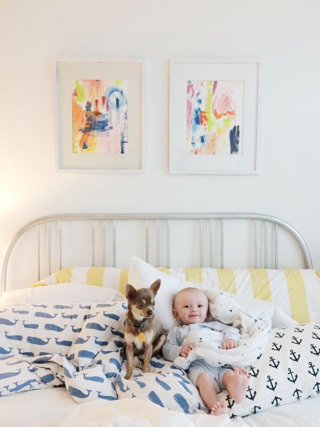 Best friends in the big bed together, chihuahua and baby, @psstudio www.pencilshavingsstudio.com