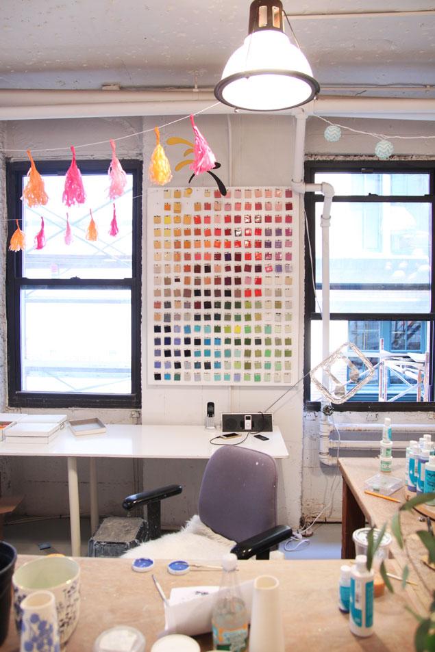 Pencil Shavings Studio visits Jill Rosenwald at her Boston studio wall of paint chips 1