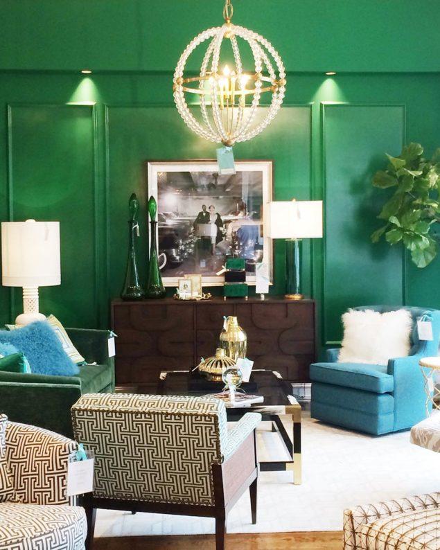 Grace Home Furnishings Emerald Green lacquer walls with peacock furniture and accents - www.pencilshavingsstudio.com