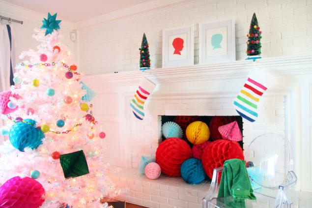 A rainbow of Christmas decorations - white Christmas tree - Colorful kidproof Christmas decorations www.pencilshavingsstudio.com