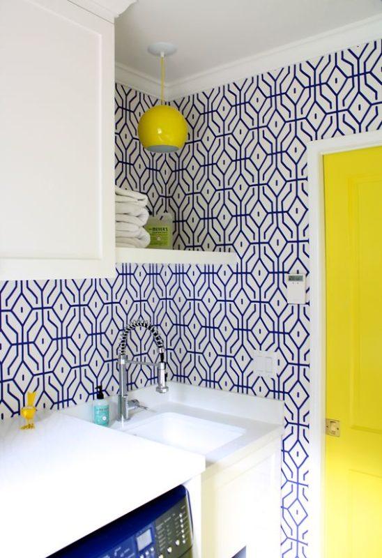 carla lane interiors anna spiro wallpaper laundry room yellow door pencil shavings studio