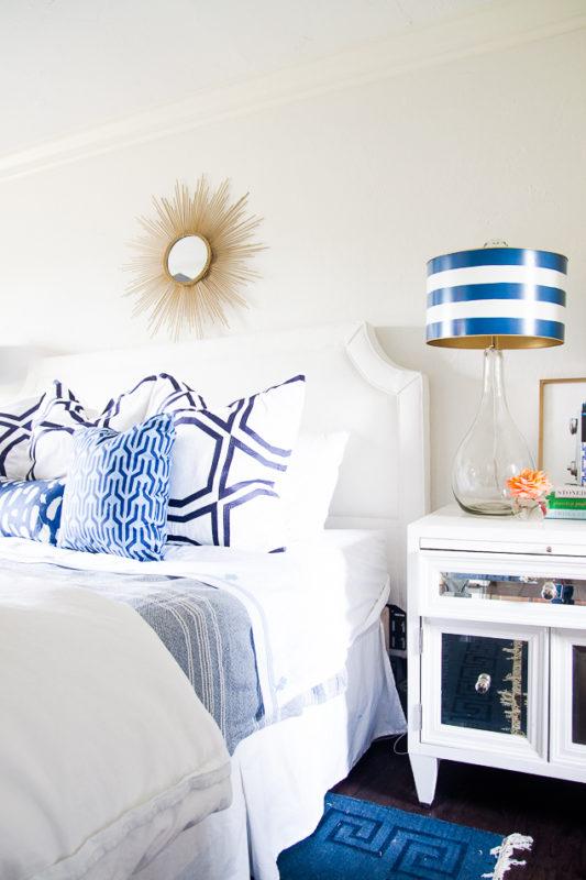 @psstudio master bedroom makeover - Stray Dog Designs striped Esme lamp - Benjamin Moore China White walls - www.pencilshavingsstudio.com