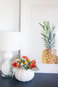 Framed pineapple photograph - white gourd lamp from Horchow - Beachy fall florals at www.pencilshavingsstudio.com