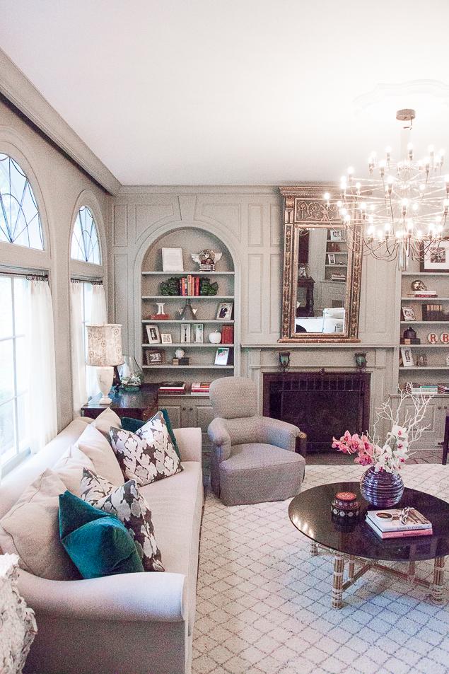 Moody masculine grey library with pops of aqua and built-in bookshelves in an historic home in Oklahoma City. www.pencilshavingsstudio.com