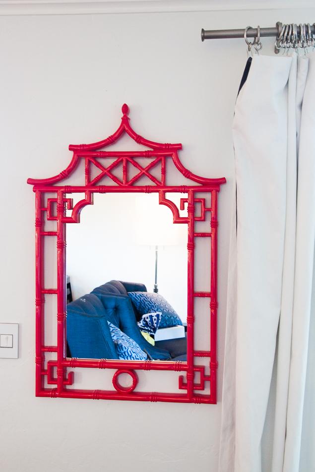 Gorgeous red chinoiserie Pagoda mirror from LampsPlus for my One Room Challenge makeover - www.pencilshavingsstudio.com