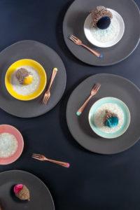 A colorfully moody tabletop -- fall centerpiece ideas with velvet pumpkins, matte black dishes, copper accents and loads of style. www.pencilshavingsstudio.com