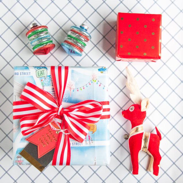 THink outside the box when wrapping your presents for the holidays. Fun and colorful easy wrapping ideas www.pencilshavingsstudio.com