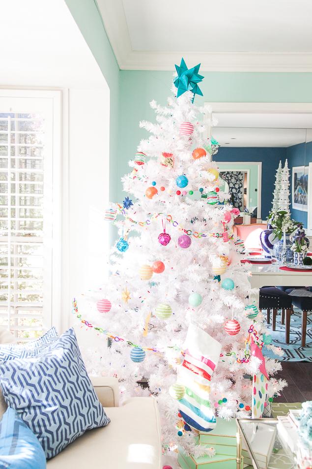 Colorful Christmas tree; white Christmas tree with colorful ornaments www.pencilshavingsstudio.com