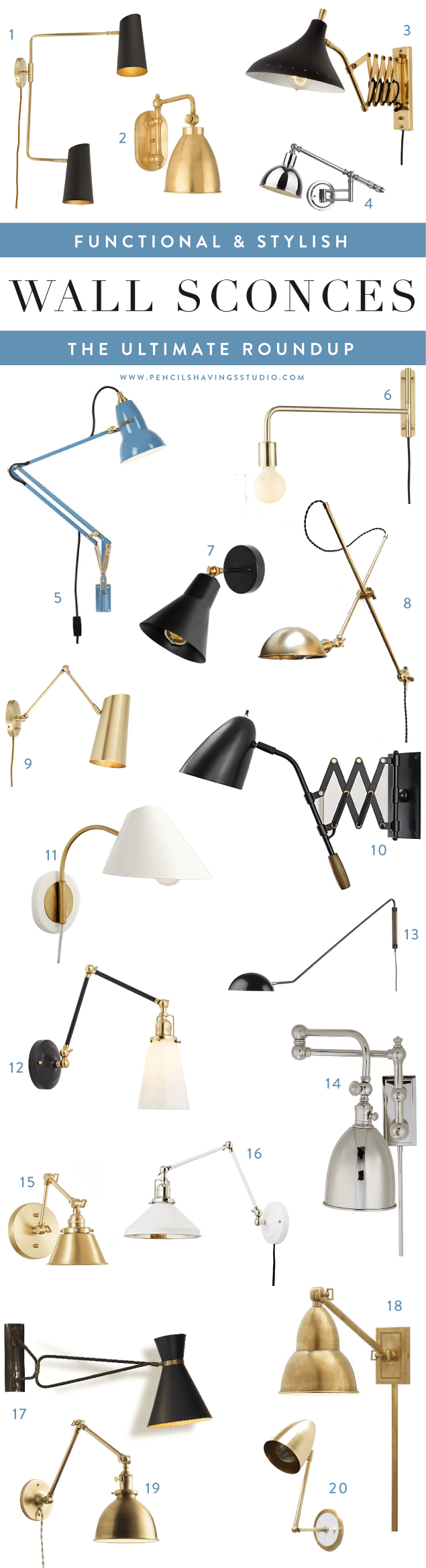 The best in articulating wall sconces, swing arm wall sconces, adjustable wall sconces and more - a roundup of all my favorite sconces in a variety of finishes including brass sconces, black sconces, industrial sconces and more. www.pencilshavingsstudio.com