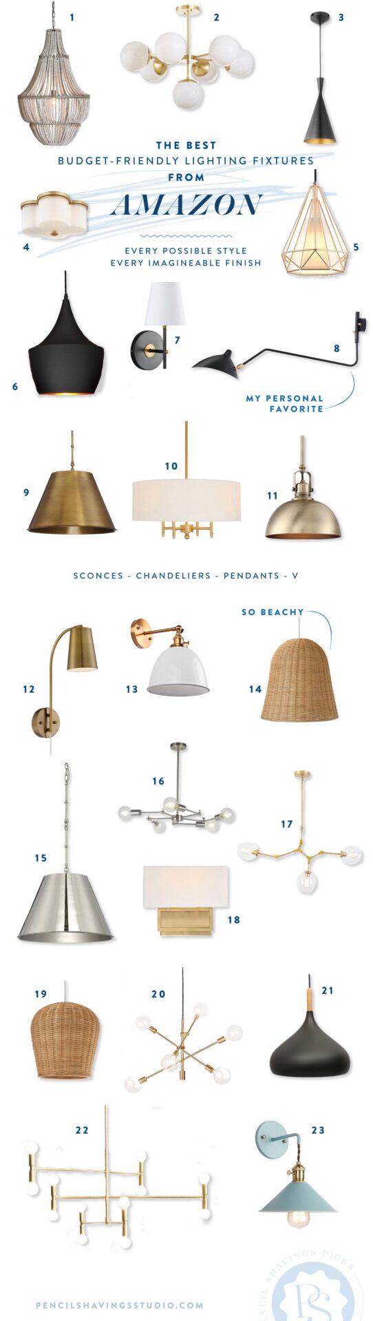 23 budget friendly lighting fixtures from Amazon, in a variety of styles and finishes. #amazonprime #amazon #lighting #budgetlighting #hardwiredlighting #chandeliers #pendants #wallmount #flushmount www.pencilshavingsstudio.com