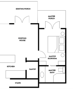 Master bedroom addition to Boardwalk Bungalow in Carlton Landing - www.pencilshavingsstudio.com #tinyhouse #floorplans #pencilshavings #oklahoma #newurbanism #architecture
