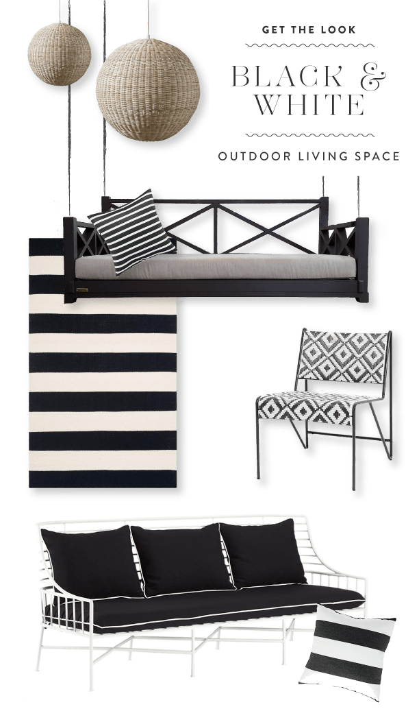 Get the look: black and white graphic outdoor living space with hanging daybed and outdoor lounge furniture. Get the look at www.pencilshavingsstudio.com