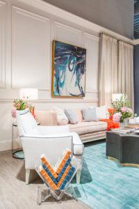 #MyRoweDesign campaign at April 2018 High Point Market - a colorful and happy showcase designed by Rachel Shingleton of Pencil Shavings Studio, featuring upholstery by Rowe, wallpaper by Thibaut, casegoods by Go Home and Classic Home, and lighting by Barbara Cosgrove. Accessories, artwork and other items by Shadowcatchers, Mitchell Black etc. #colormefabulous #pencilshavingsstudio #tothetrade