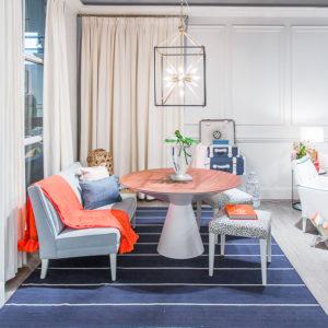 #MyRoweDesign campaign at April 2018 High Point Market - a colorful and happy showcase designed by Rachel Shingleton of Pencil Shavings Studio, featuring upholstery by Rowe, wallpaper by Thibaut, casegoods by Go Home and Classic Home, and lighting by Barbara Cosgrove. Accessories, artwork and other items by Shadowcatchers, Mitchell Black etc. #colormefabulous #pencilshavingsstudio #tothetrade