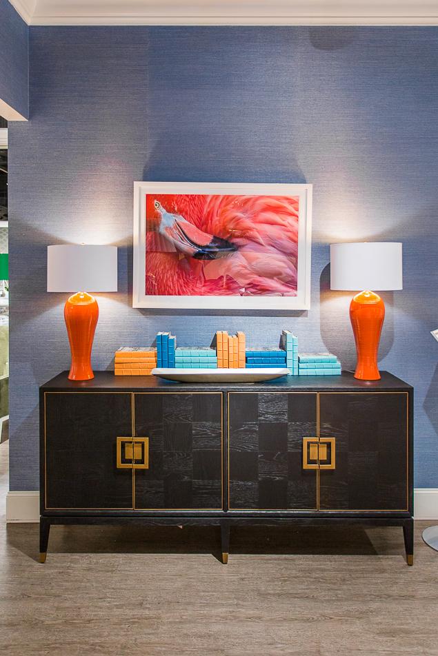 #MyRoweDesign campaign at April 2018 High Point Market - a colorful and happy showcase designed by Rachel Shingleton of Pencil Shavings Studio, featuring upholstery by Rowe, wallpaper by Thibaut, casegoods by Go Home and Classic Home, and lighting by Barbara Cosgrove. Accessories, artwork and other items by Shadowcatchers, Mitchell Black etc. #colormefabulous #pencilshavingsstudio #tothetrade