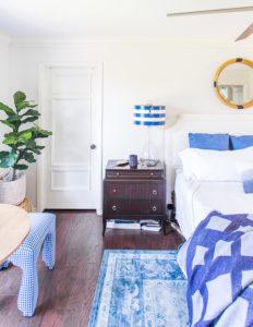 Master bedroom and new master closet reveal with Metrie - gorgeous Then & Now Collection doors in Pretty Simple stye - Benjamin Moore China White - Emtek hardware - blue and white master bedroom - www.pencilshavingsstudio.com #colorscheme #blueandwhite #masterbedroom