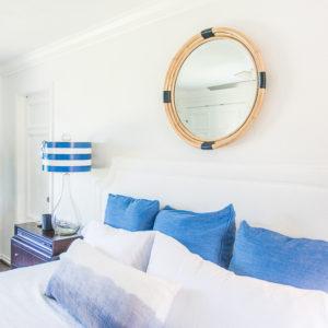 Master bedroom and new master closet reveal with Metrie - gorgeous Then & Now Collection doors in Pretty Simple stye - Benjamin Moore China White - Emtek hardware - blue and white master bedroom - www.pencilshavingsstudio.com #colorscheme #blueandwhite #masterbedroom